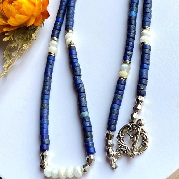 Genuine Lapis Lazuli with Moonstone Gemstone Necklace - Picture 1 of 7